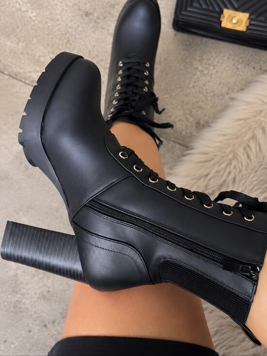 Shoes - Women’s Lace-Up Combat Ankle Boots – Chunky High Heel, Lug Sole, Side Zipper